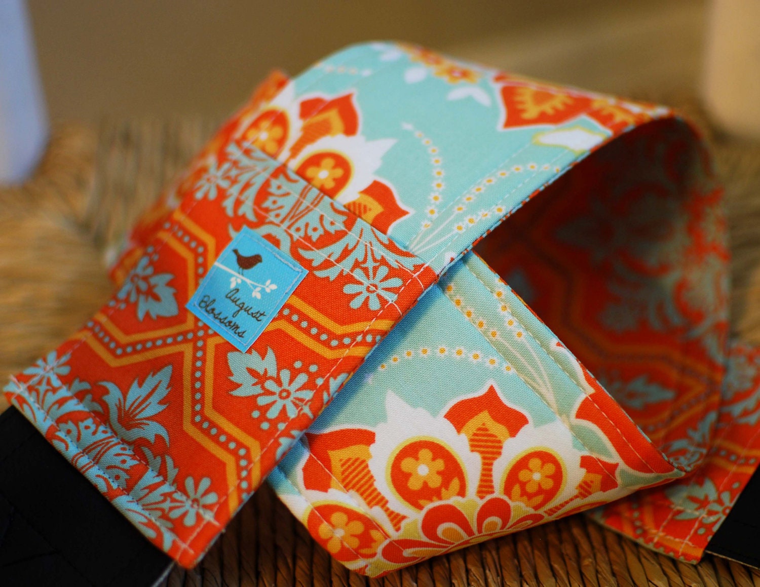Camera Strap Blue and Orange Heirloom, Reversible, Built in Lens Cap Pocket