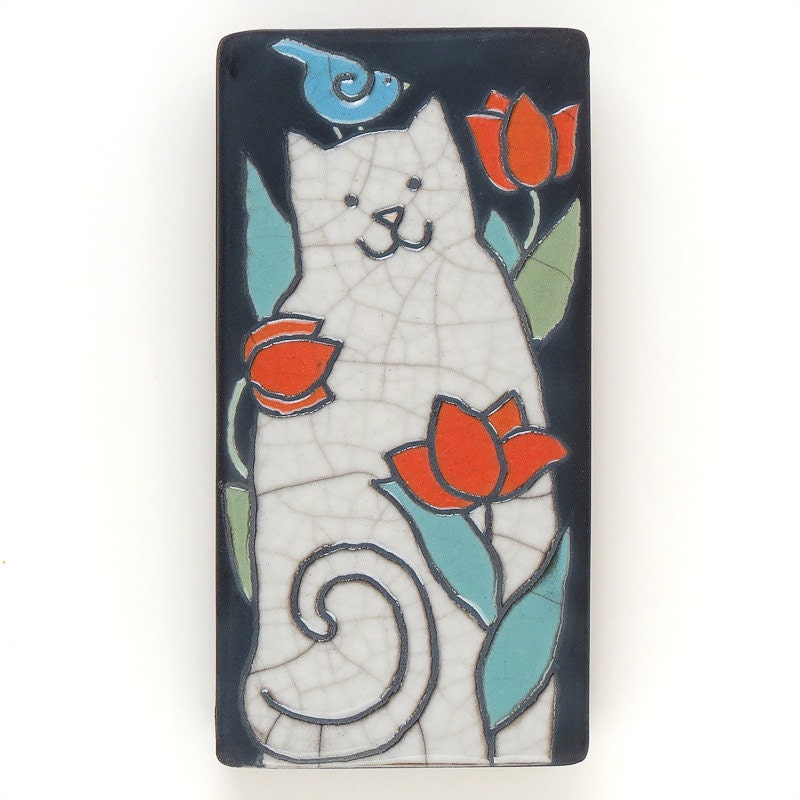 Cat, Kitty  , blue bird,3x6 raku fired art tile,handmade ceramic tile, home decor