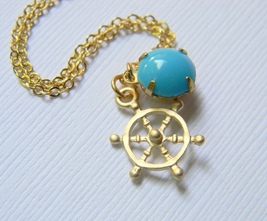 Gold Nautical Necklace - Gold Ship Wheel Necklace - Vintage Swarovski Crystal - Sky Blue Swarovski - Ocean - Gift