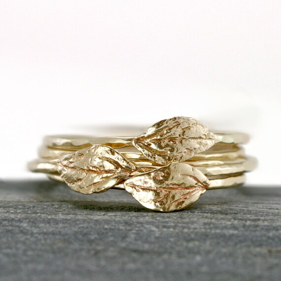 Gold Leaf Ring, 14k Yellow Gold Stacking Ring with Thin Hammered Band and Leaf
