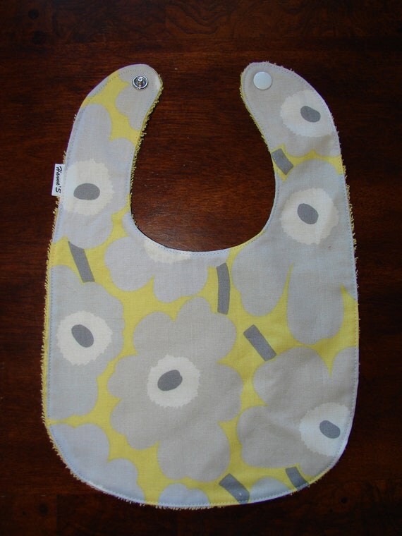 Baby Bib, Yellow Grey Mini Unikko and Yellow Terry for a baby girl, Finland, Maija Isola, organic cotton