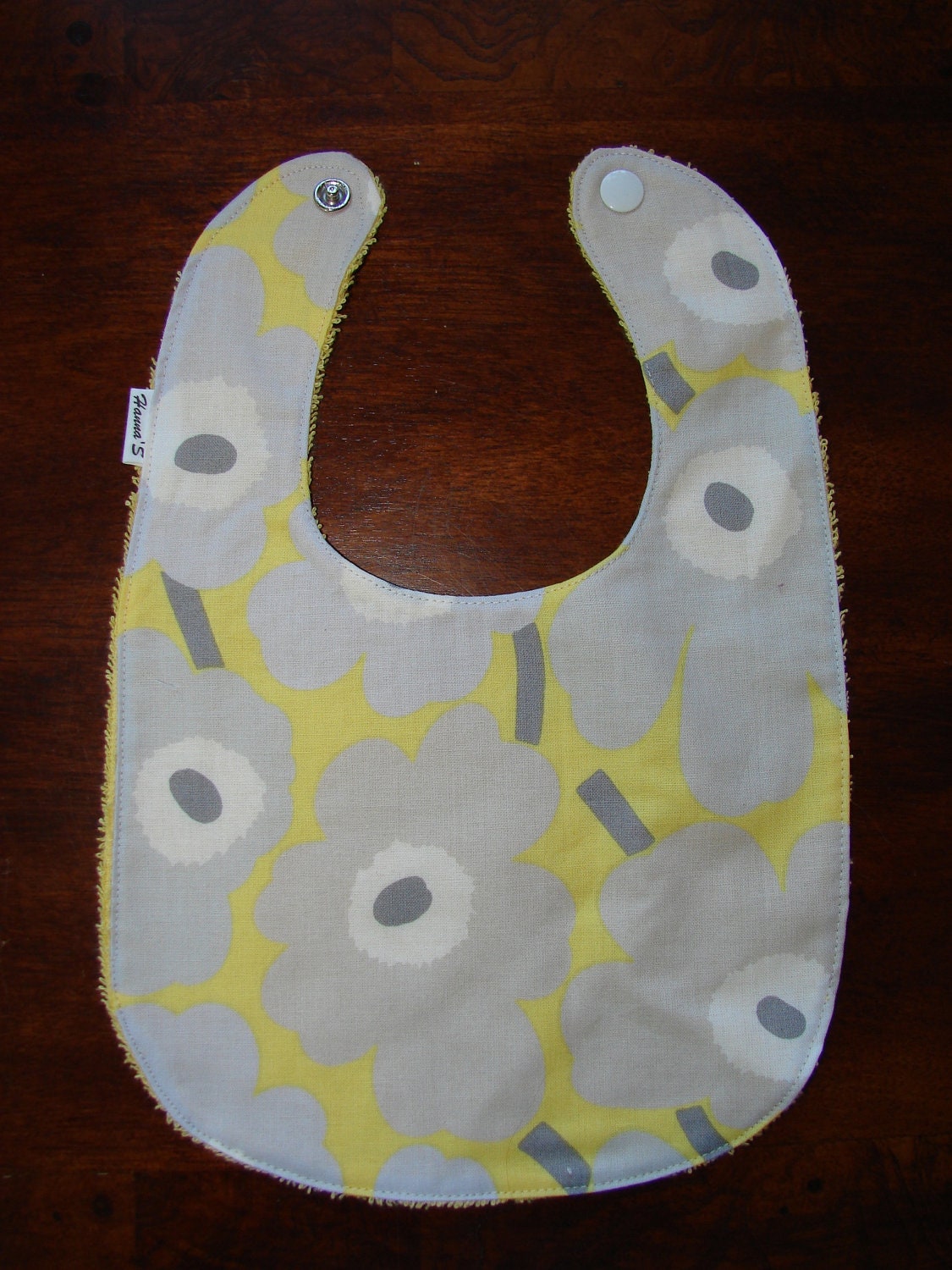Baby Bib, Yellow Grey Mini Unikko and Yellow Terry for a baby girl, Finland, Maija Isola, organic cotton