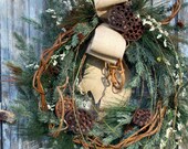 Winter Wreath, Mixed Pine, Lotus Pods, Burlap Bow