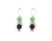 Swarovski Crystal Balls (green, black) - Dangle, Bead-woven Earrings, Swarovski Crystal, sterling silver earrings