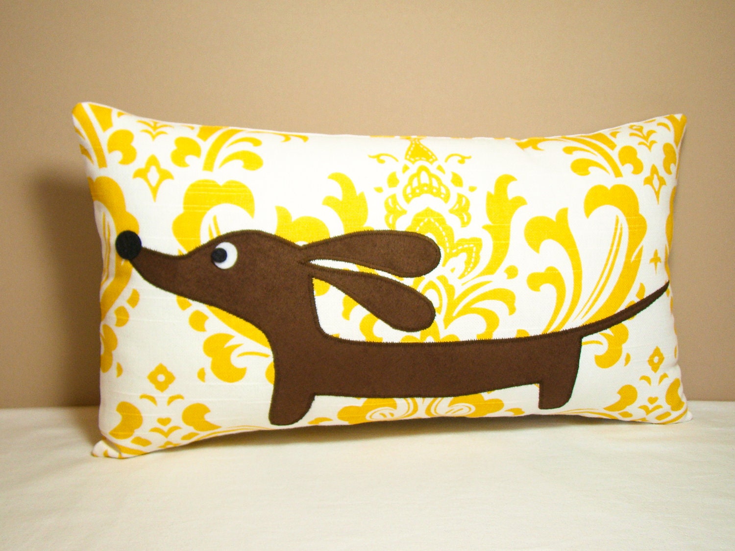 Doxie Dachshund Dog Pillow - Doxie in the Curry Damask Garden