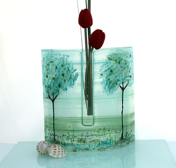 Fused glass  vase, green grass landscape