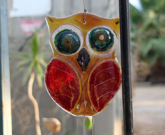 Red owl suncatcher  Windchime  mobile ,  fused  Glass garden art