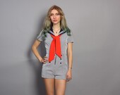 1960s SAILOR ROMPER / Nautical Stripe Onesie, xs