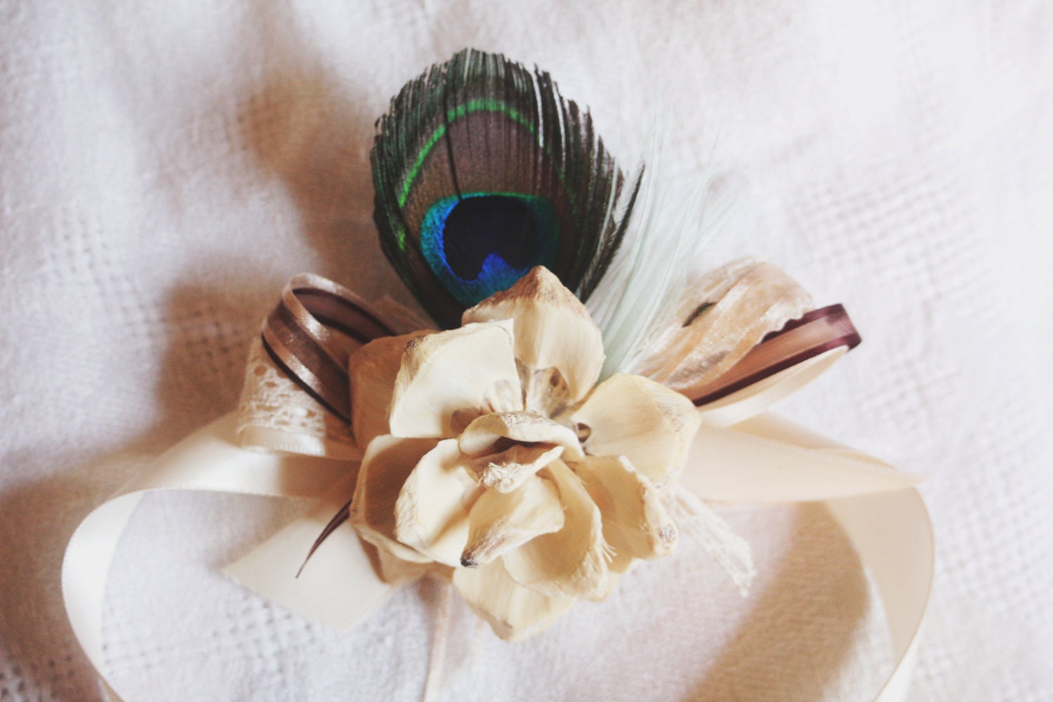 Flowers and Peacock Feathers Corsage for the Lovely Ladies, ready to ship