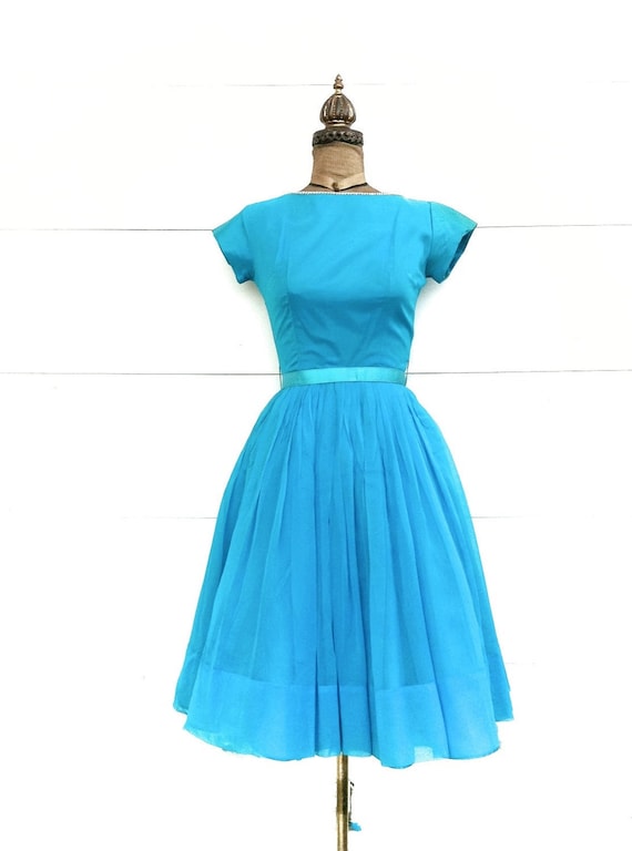 Vintage 1950s Party Dress Blue with Rhinestone Trim and Tulle Underskirt