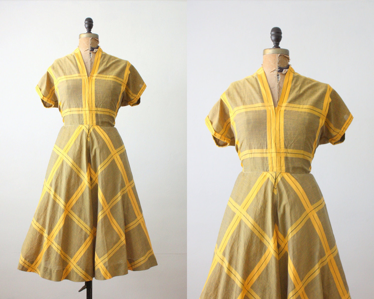 1950s dress - yellow plaid party dress