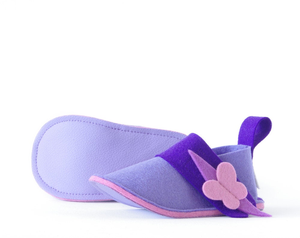 Toddler girls shoes - Butterflies ballet flats in lavender purple & pink - kids house slippers with non slip soles