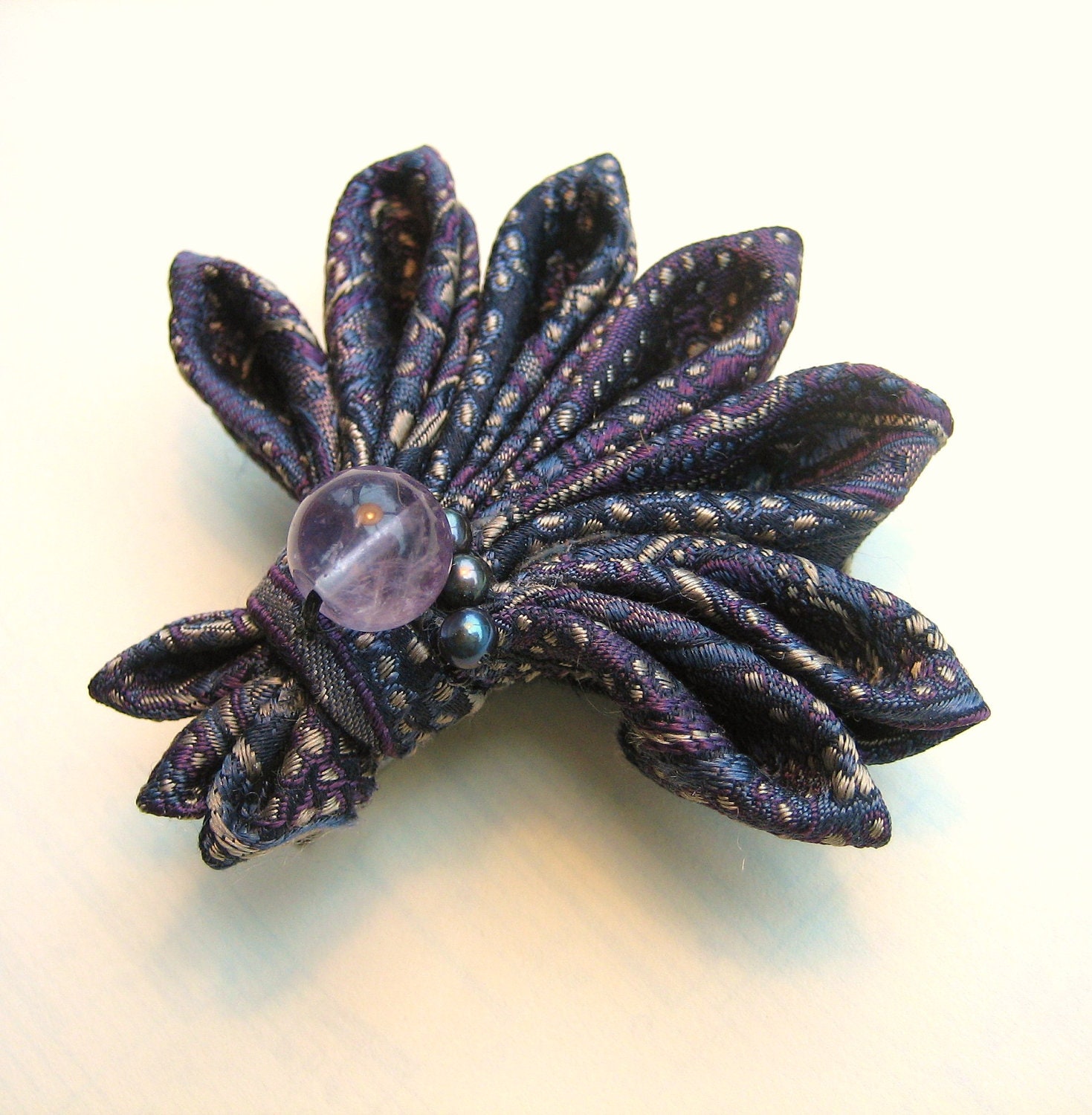 Blue Hair Clip: Kanzashi Fan Silk Brocade OOAK SALE