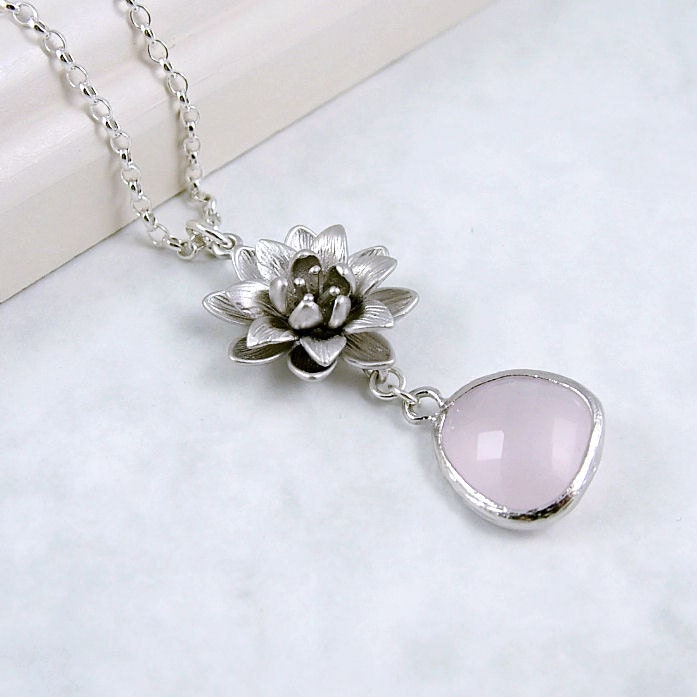 Lotus Necklace, Pink Glass, Sterling Silver Rolo Chain, Bridesmaid jewelry, lotus jewelry, wedding