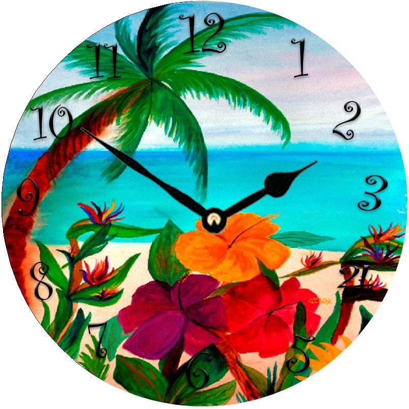 Tropical Floral Beach wall clock large 11 round from by maremade