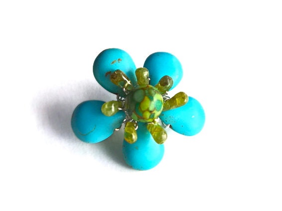Wire wrap flower pin, blue green gemstone flower brooch, mosaic turquoise peridot bead flower jewelry, silver