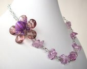 Asymmetrical flower necklace, purple gemstone and crystal beaded flower jewelry with lavender ice flake quartz