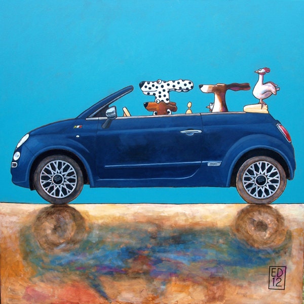 177 NEW CINQUECENTO  - signed and numbered print - Dogs and chicken in a new Fiat 500