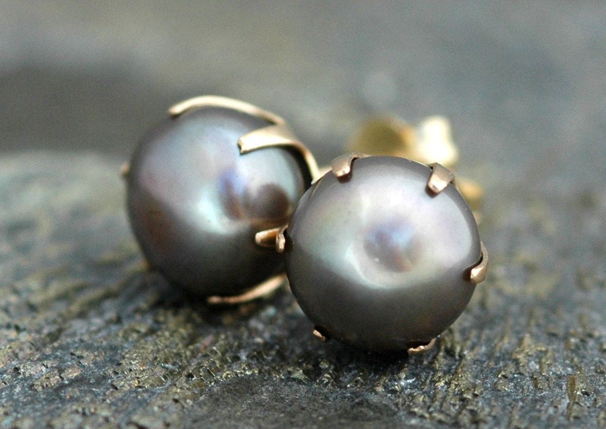 Steel Grey Pearl and 14k Yellow Gold Earrings