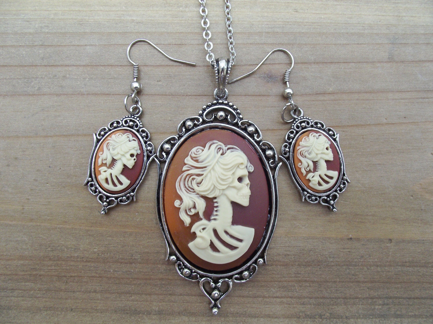 Carnelian and Creme Gift Set - Skele Cameo Lady Earrings and Necklace Gift Set