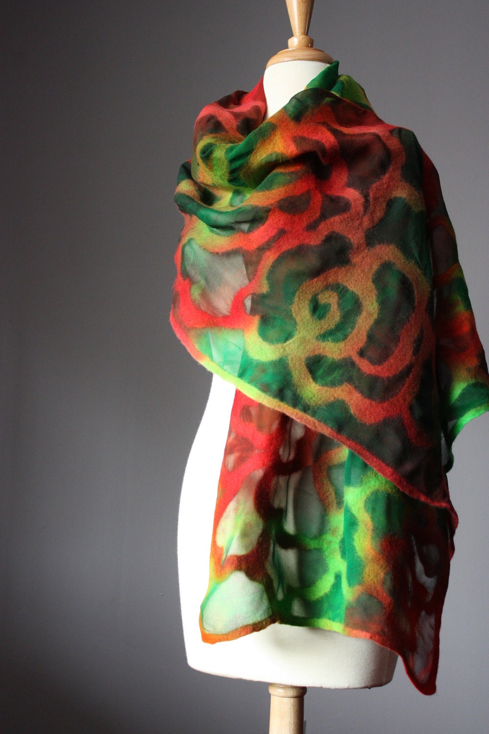 Nuno felted scarf , silk chiffon , merino wool , red, green