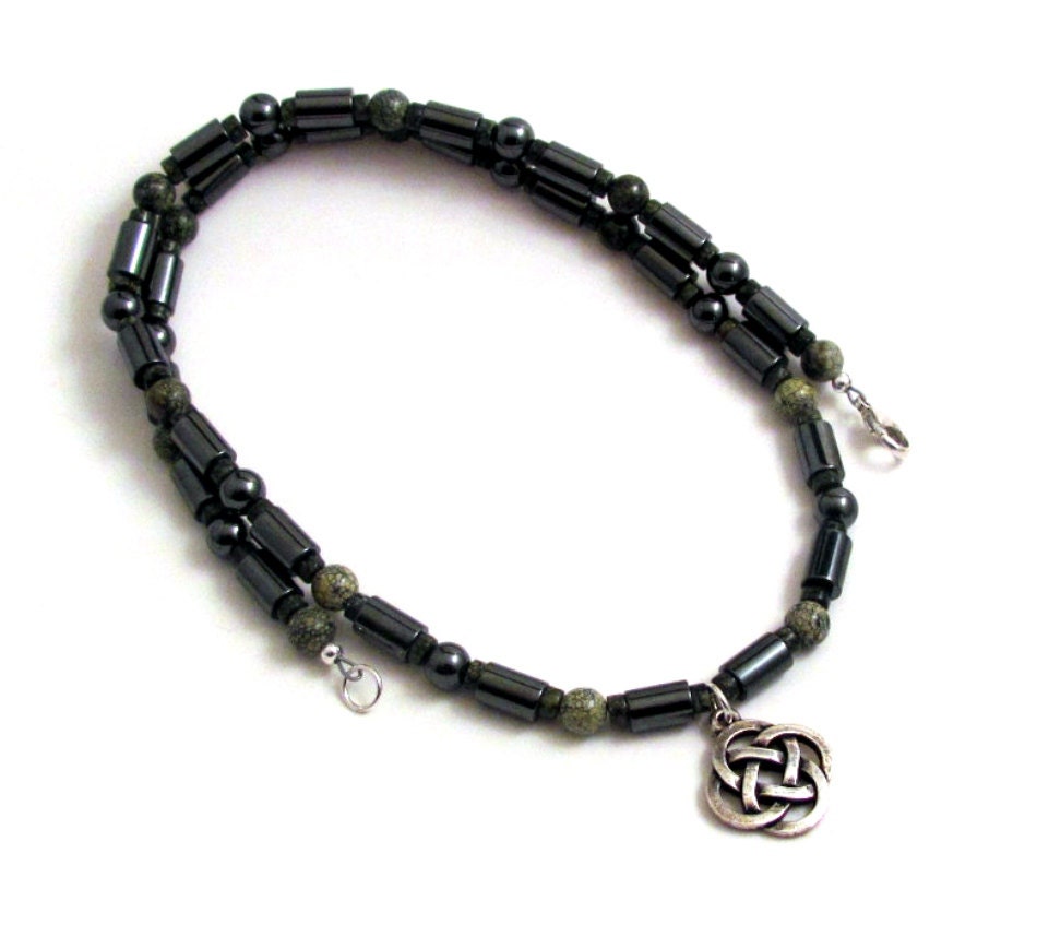 Men's Necklace - Celtic Knot, Green Lace Agate & Magnetic Hematite