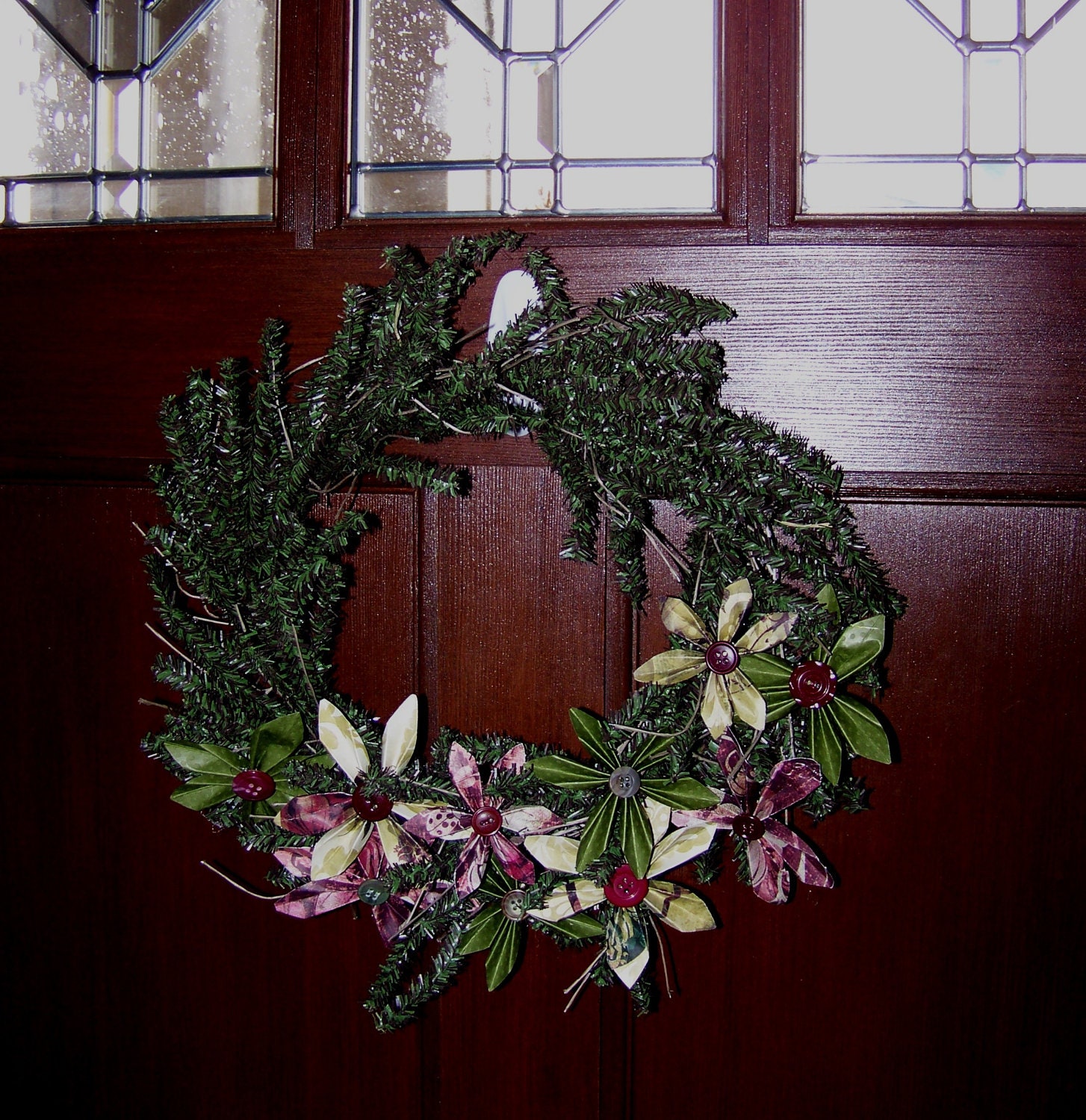 Festive Christmas Wreath, Holiday Wreath with Handmade Paper Flowers, Green, Maroon