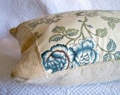 French Country Home Decorative Pillow Cover Blue Floral With Vintage Grainsack