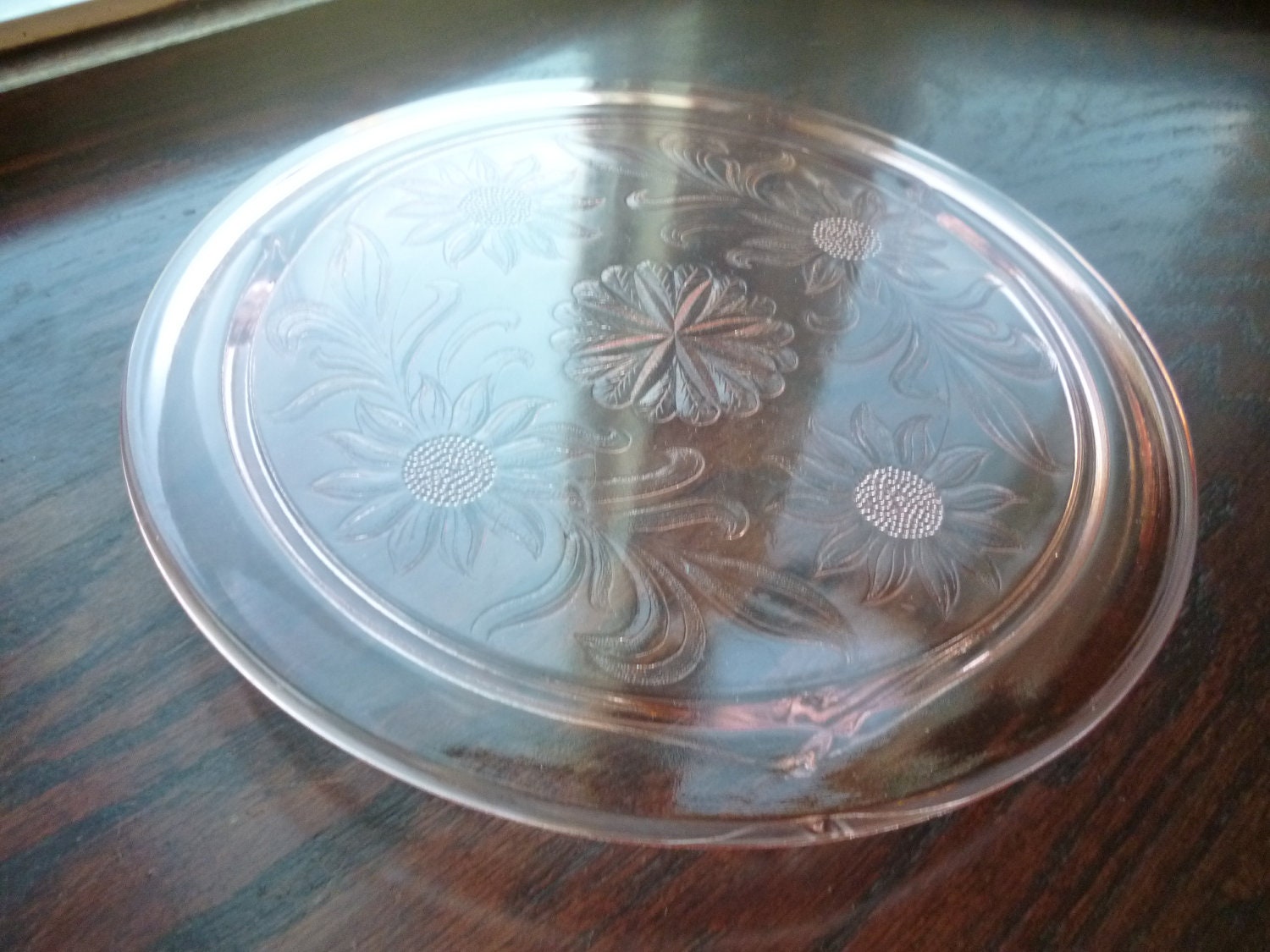 Jeannette Glass Pink Depression Sunflower Pattern Footed Cake Plate