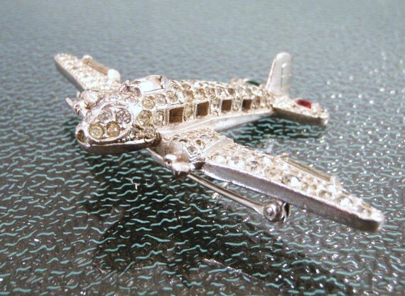 Vintage Crown Trifari Airplane Rhinestone Brooch 1940s Era Plane