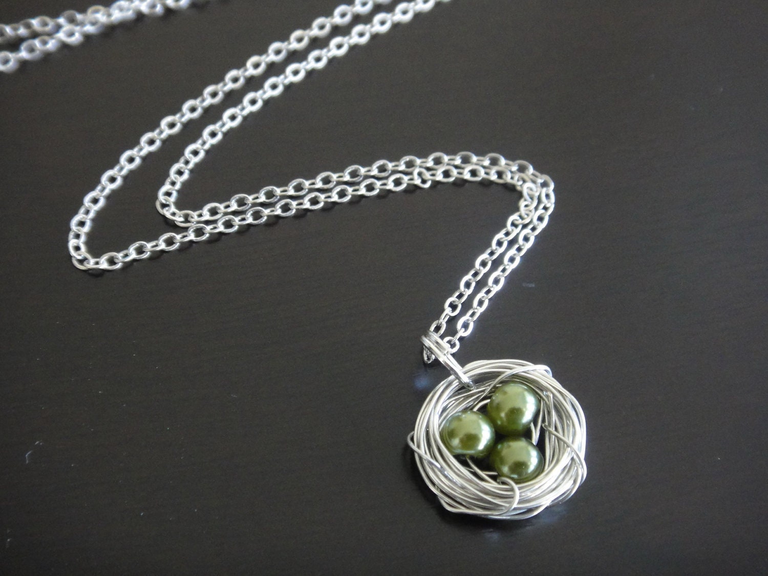 Sage Green Pearl Bird's Nest Necklace
