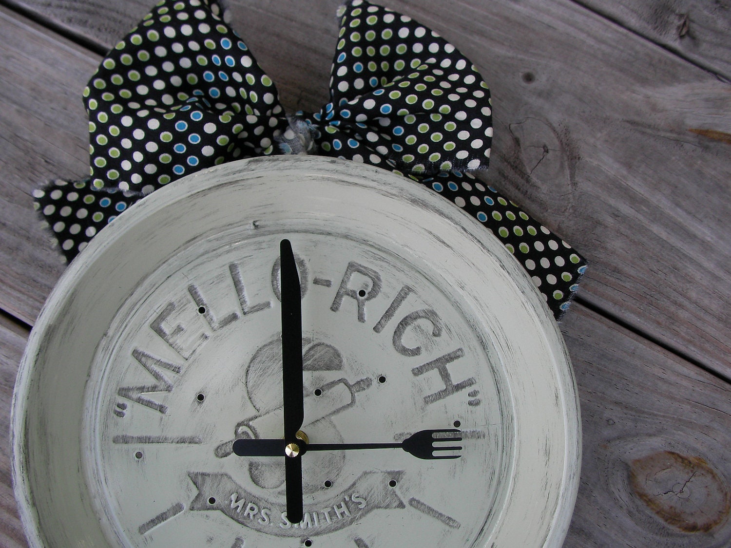 Green Vintage Pie Tin Clock- Kitchen Wall Clock- Unique Clock- Wall Clock