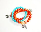 Silver Elephant Bracelets - Stackable SET of  THREE Exotic Turquoise & Orange Sea Coral by Mei Faith