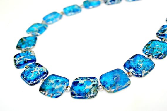 Silver Blue Necklace - Imperial Jasper with Smoky Gray Austrian Crystals Toggle Closure by Mei Faith