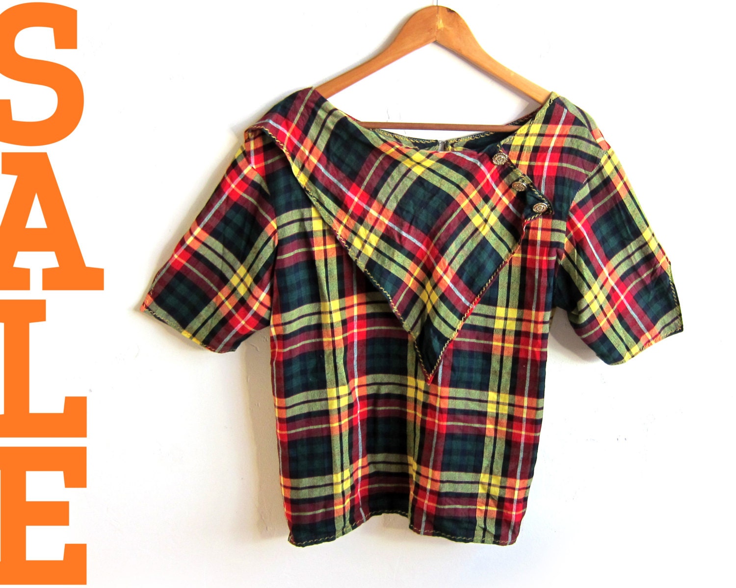 SALE Vintage 1980s Handmade Sailor Half Sleeve Scarf Collar Keyhole Back Blouse in Tartan Plaid - M / L