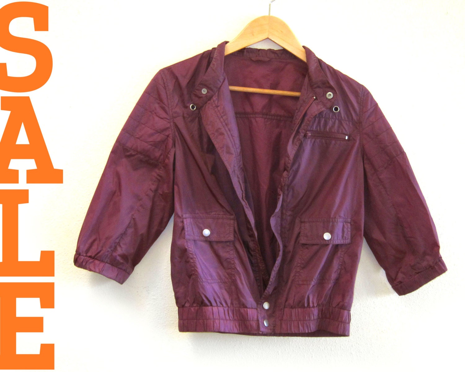 SALE Vintage 1990s Nylon Windbreaker Crop Zip Front 3/4 Sleeve Cafe Racer Biker Jacket in Plum - XS / S