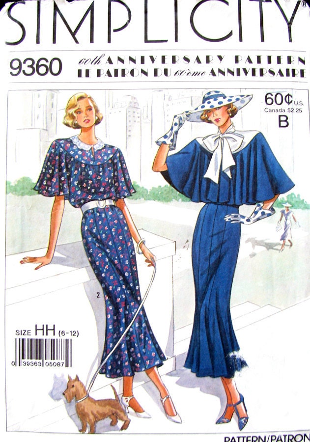 1920s Dress & Capelet Reproduction Simplicity 9360 Vintage Pattern UNCUT Bust 30 to 34