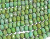 Czech Glass Faceted Fire-Polished Rondelle - 8x6mm - Opaque Turquoise Green Picasso - FULL STRAND (25 beads)
