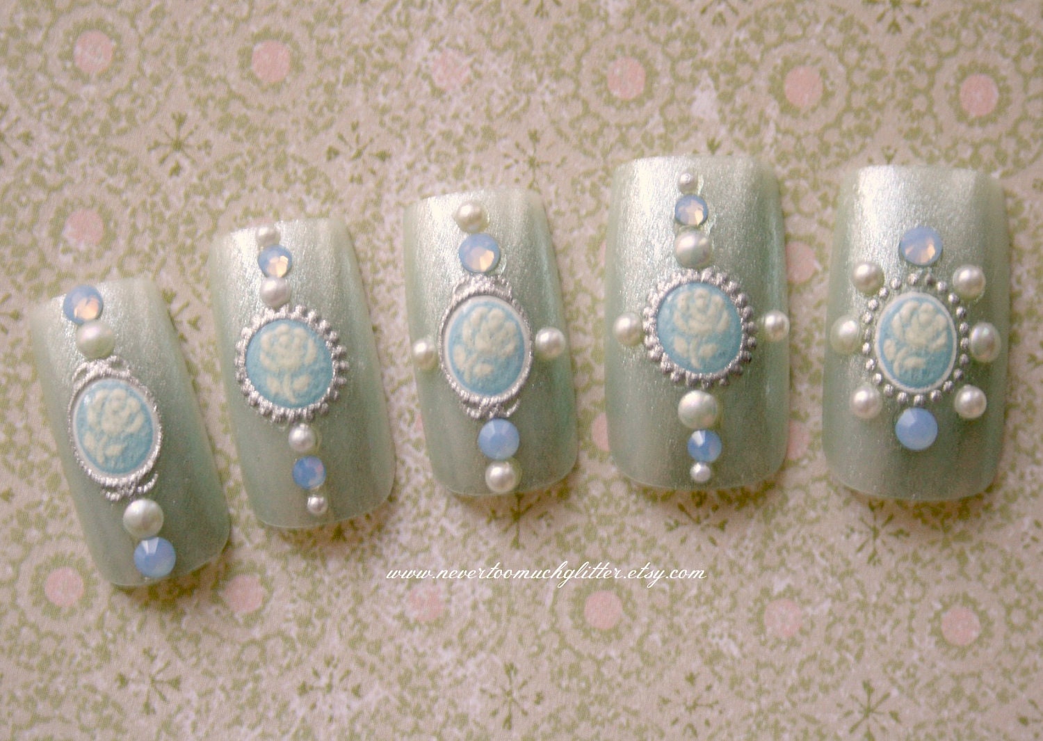 Japanese Nail Art- Blue Cameo Press On Nails