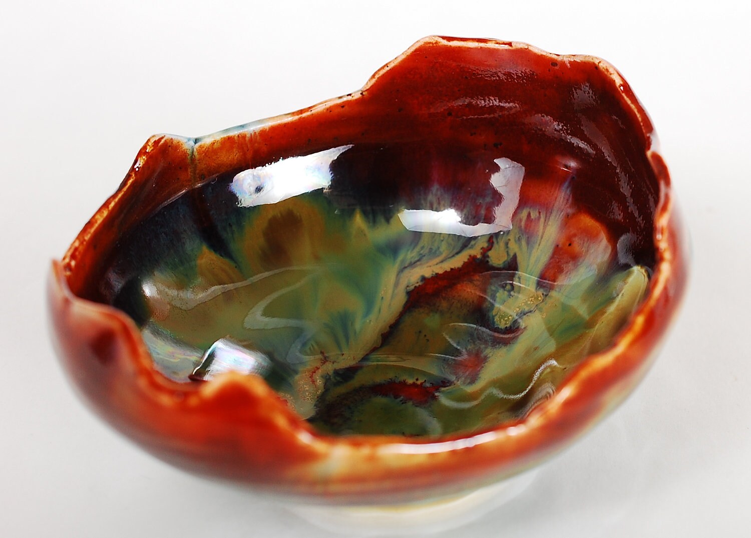Tiny Abstract Porcelain Bowl with Red and Green Glazes