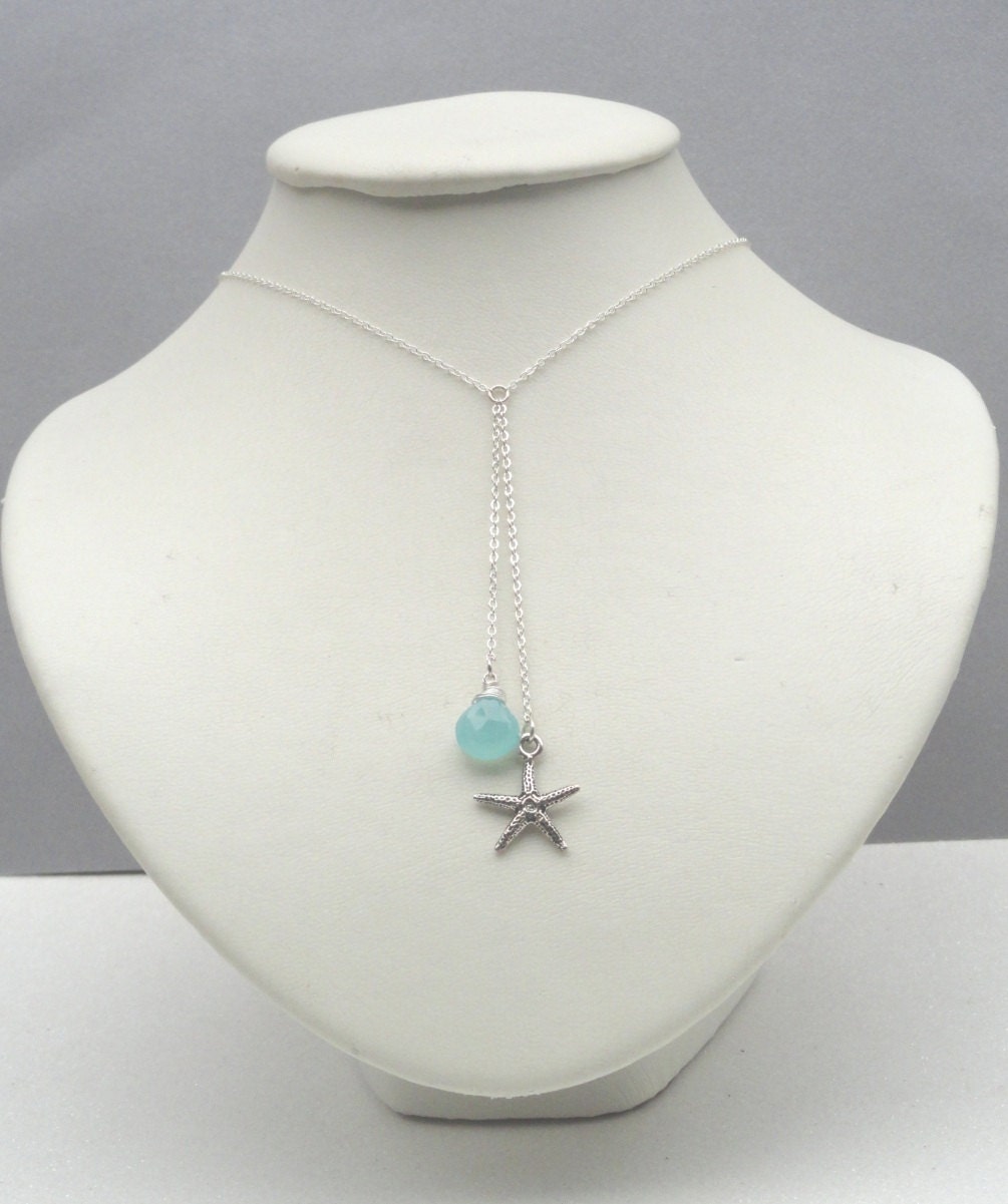 Starfish Necklace Lariat Stlye Necklace Sterling Silver Beach Wedding Bridesmaids Gift Aqua Blue Chalcedony