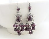 Red garnet earrings, sterling silver wire wrapped jewelry, handmade garnet chandelier earrings, dark red garnet jewelry, january birthstone