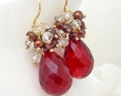 Red teardrop earrings, gold red cluster earrings, bright red quartz and garnet earrings, dark red and gold jewelry