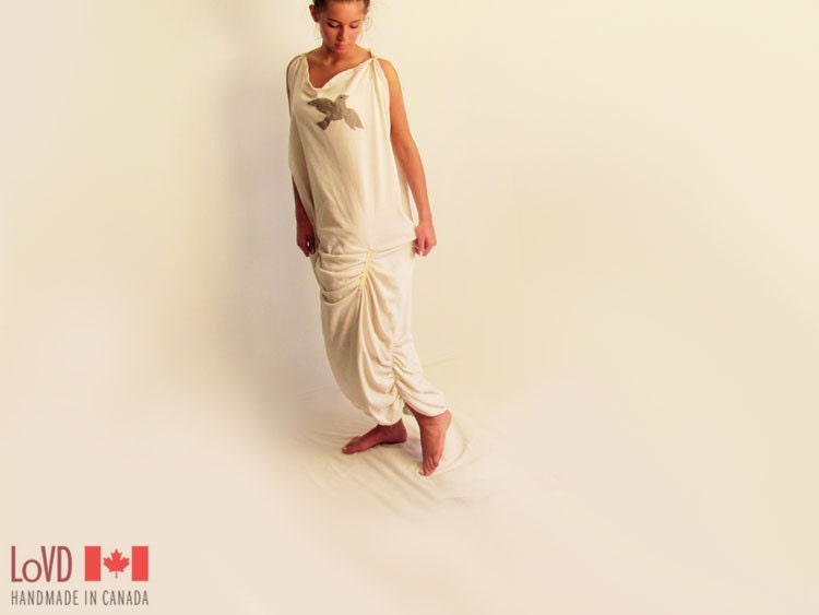 Wedding Dress. Grecian Goddess Wedding Gown. Bird Bridal Dress. Off White Cotton Knit. Long. Plus Size Wedding Dress.