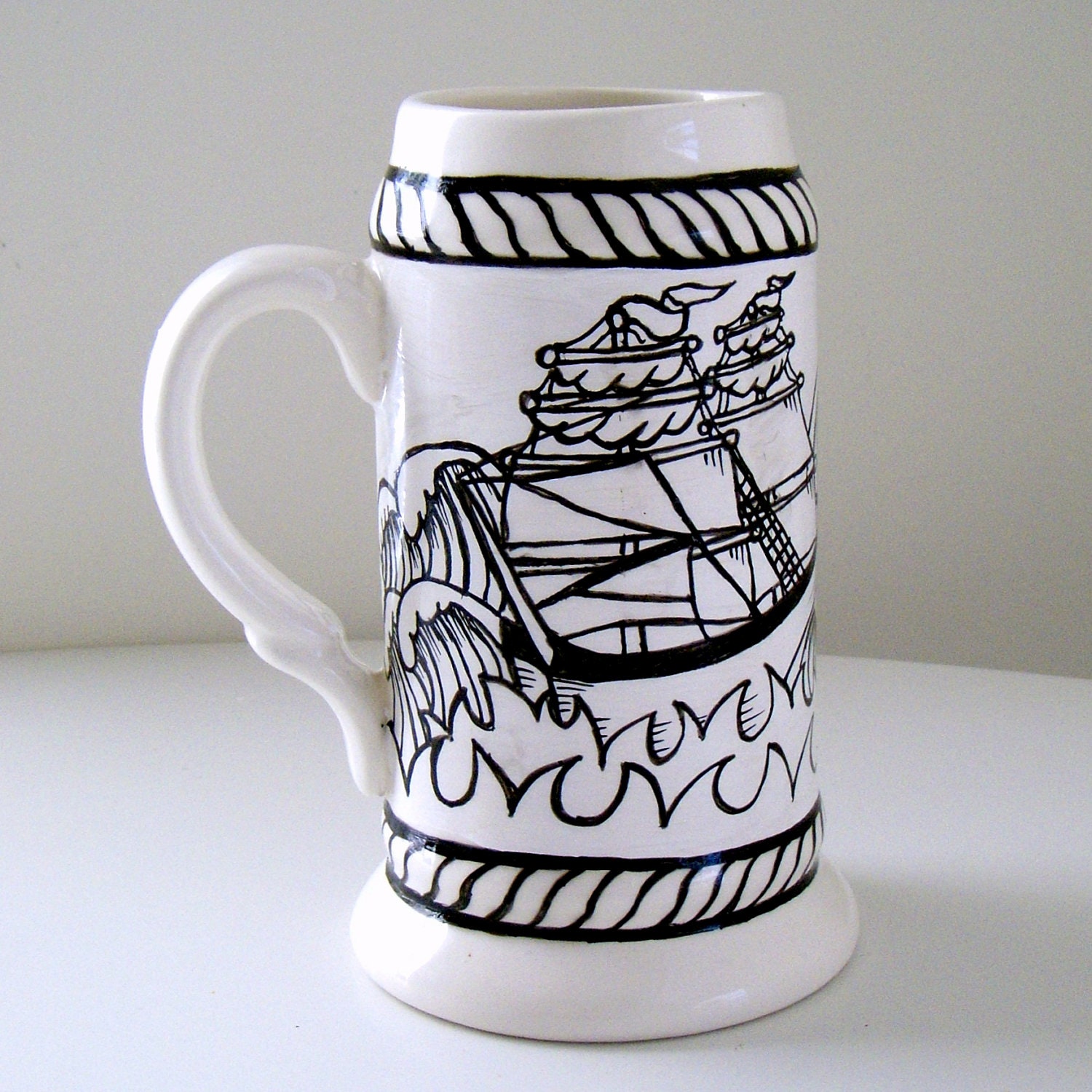 Father's Day Stein Nautical Ship Ceramic Beer Mug Painted Sailor Ship Ocean Waves Rope Retro Tattoo Black White Ivory Oktoberfest