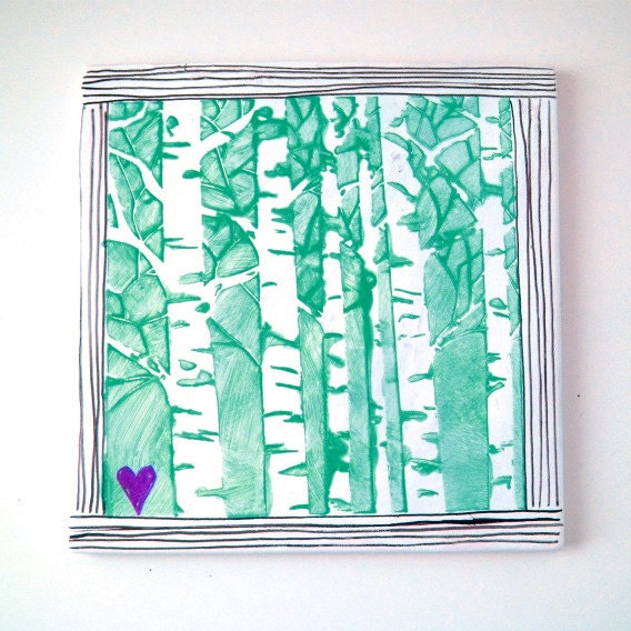 Ceramic Tile Wall Decor Woodland Forest Birch Trees Woods Painted Emerald Green Black White Purple