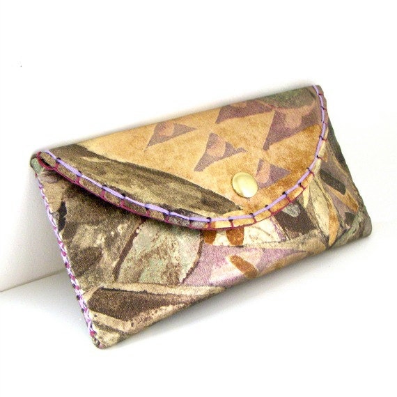 Metallic Leather Clutch Abstract Print Gold Bronze Brown Green Purple triangles - READY TO SHIP