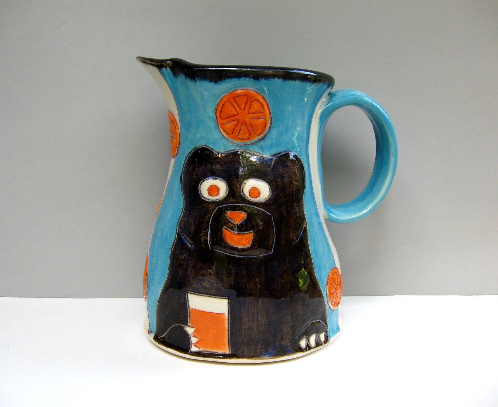Pitcher With Orange Juice Loving Black Bear, Turquoise Blue, Serving