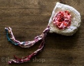 Ella Chunky Knit Bonnet with Frayed Flower Clip and Sari Ribbons - Size 00 - Newborn Photo Prop - Baby Girl Hat - Vintage Inspired - Rustic