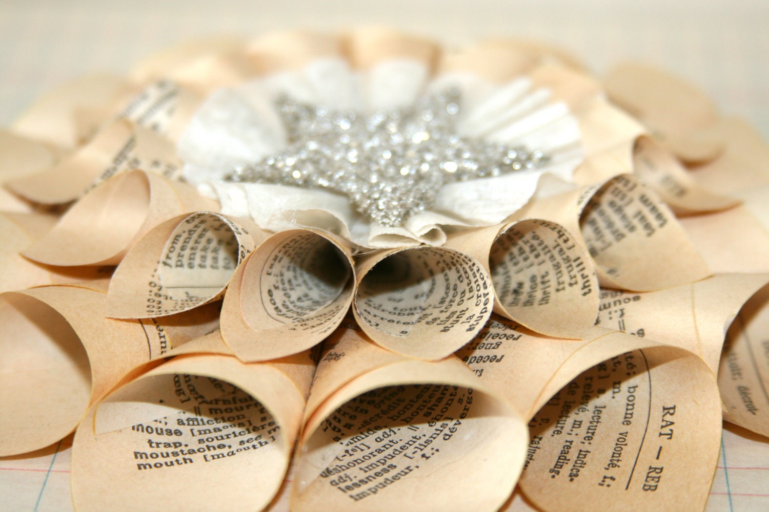 Paper Cone Wreath Vintage French Dictionary Pages w/Genuine German Silver Glass Glitter Star Center